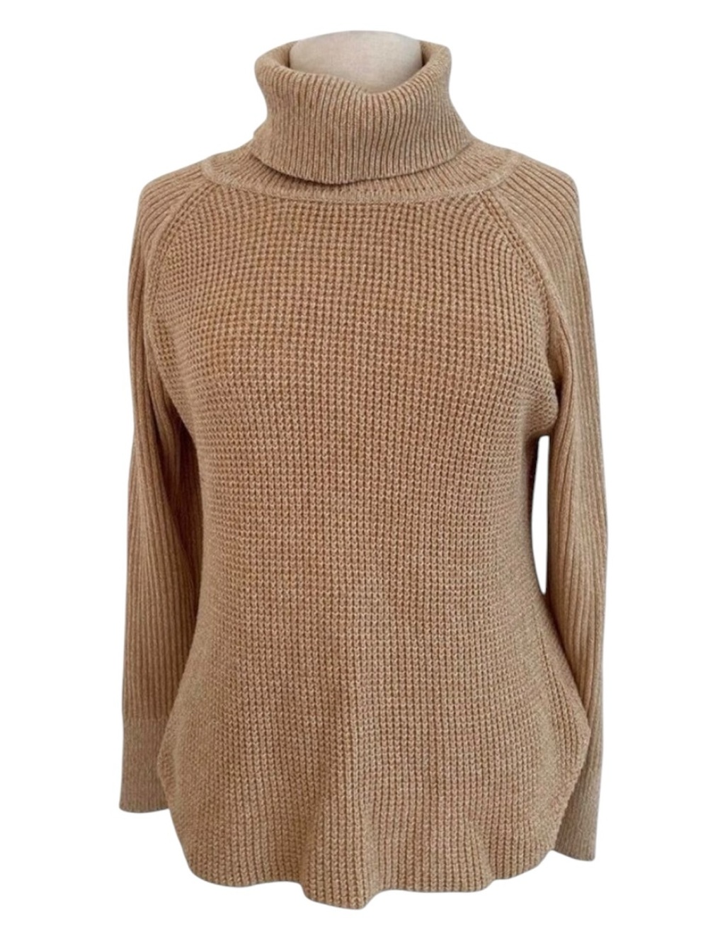 Cloth knit sweater turtleneck beige tan long sleeves neutral soft medium Large